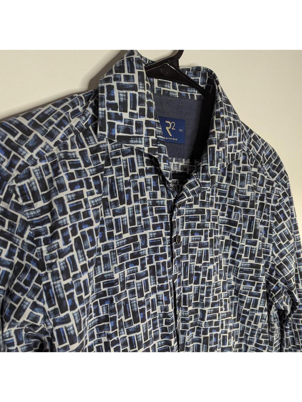 R2 Amsterdam Geometric Abstract Print Button Up Shirt Blue Men's 39 / 15½
